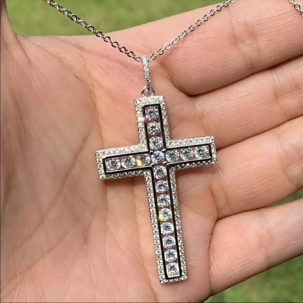 New 925 Silver Men Women Luxury Cross Diamond Necklace - Picture 12 of 16